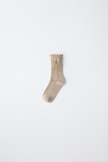 Zara KNIT FLORAL EMBROIDERED SOCKS - Beige