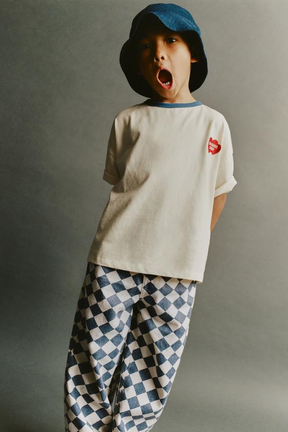 TWILL BAGGY TROUSERS WITH CHECK PRINT - Ecru / Blue by Zara - Image 0