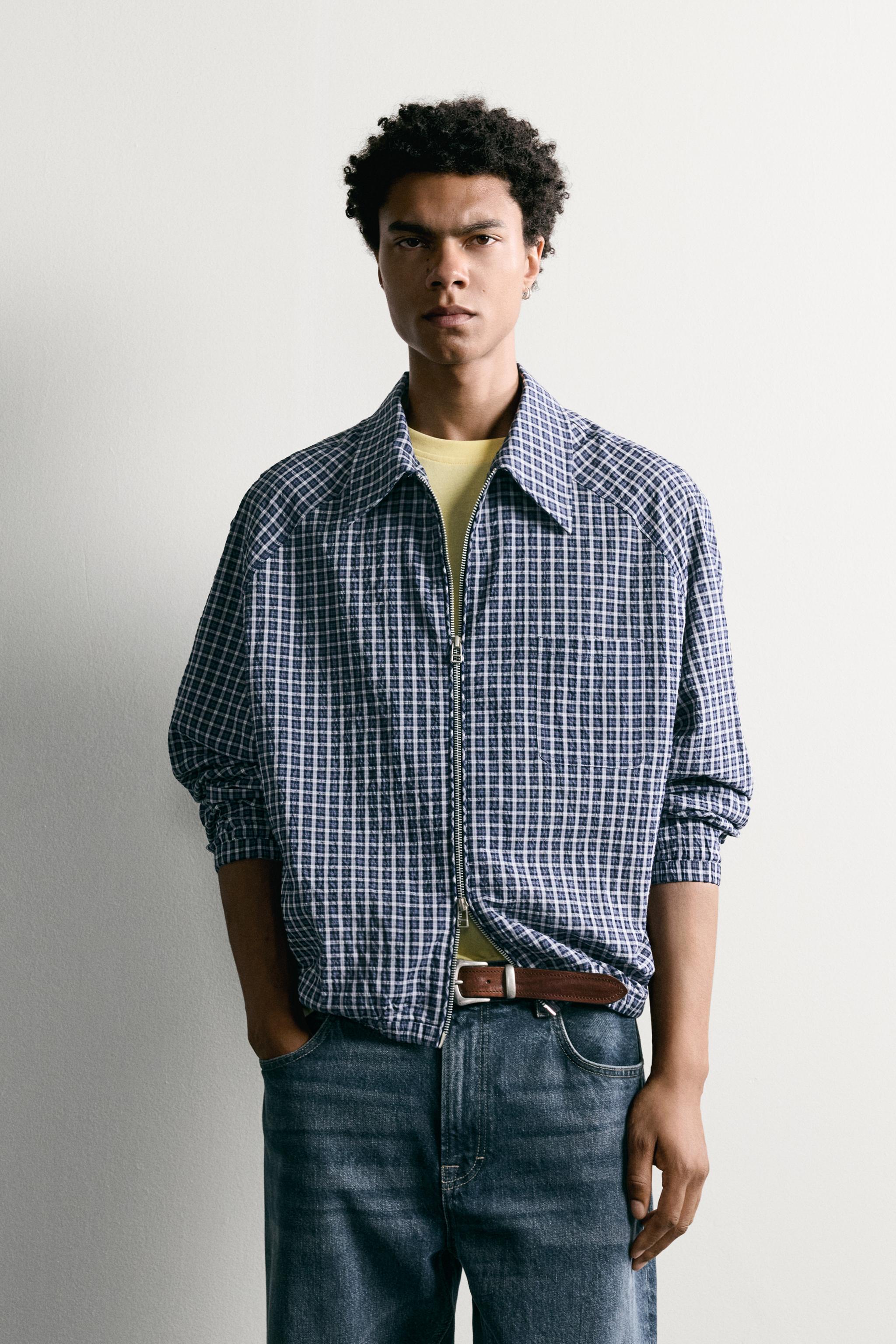 TEXTURED PLAID OVERSHIRT — Blue