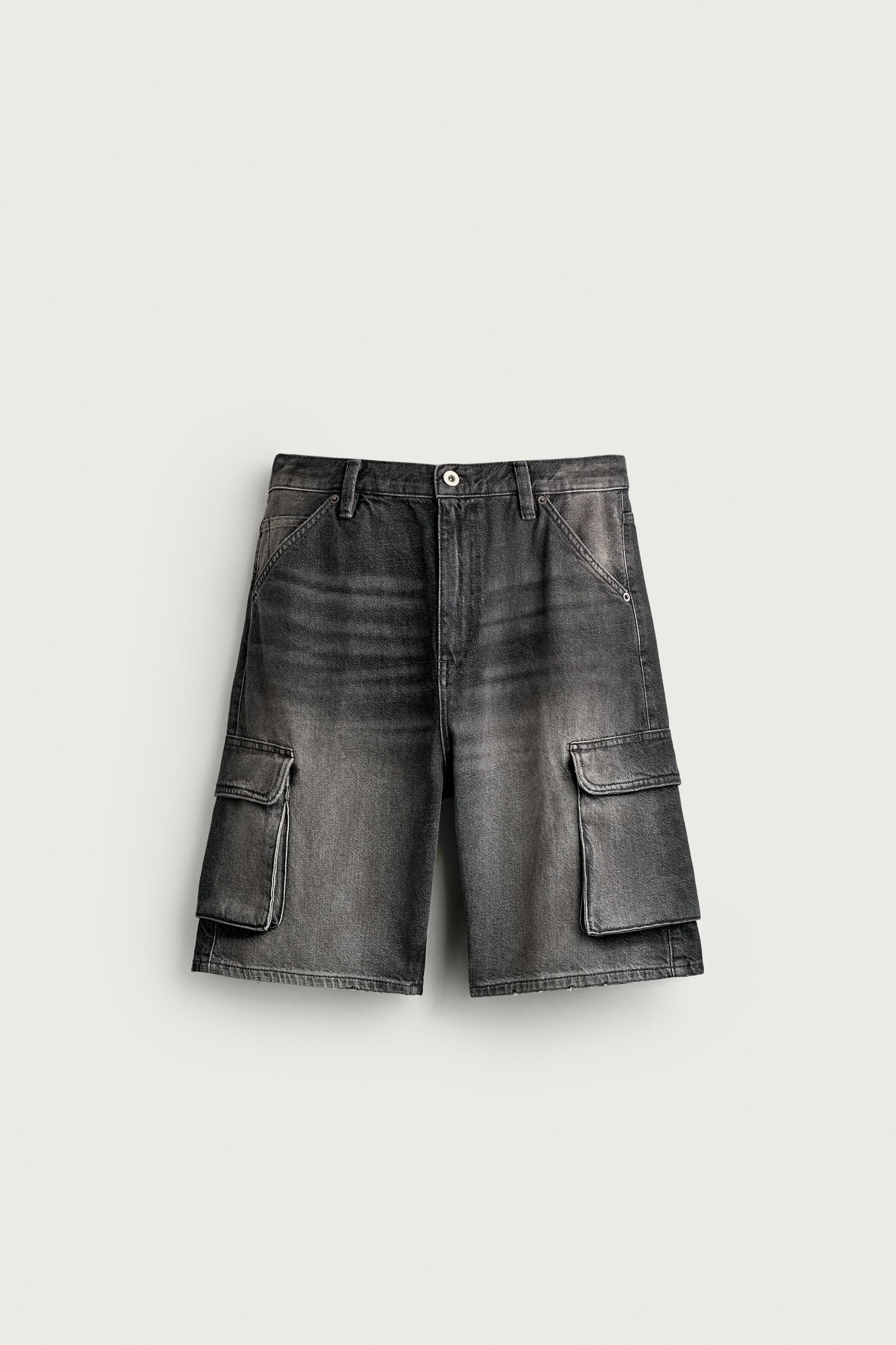 VINTAGE-EFFECT BAGGY CARGO SHORTS — Black