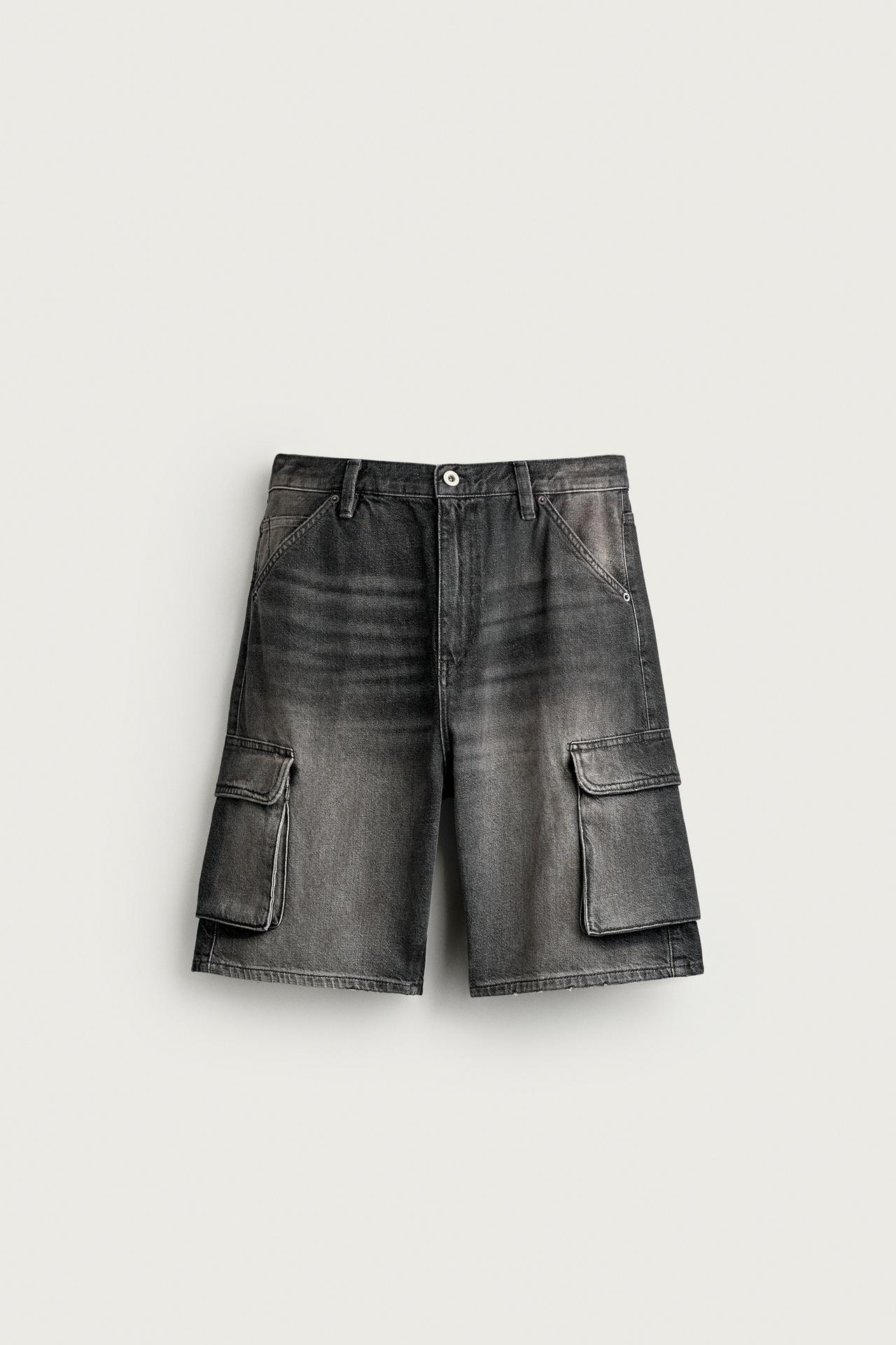 VINTAGE-EFFECT BAGGY CARGO SHORTS — Black