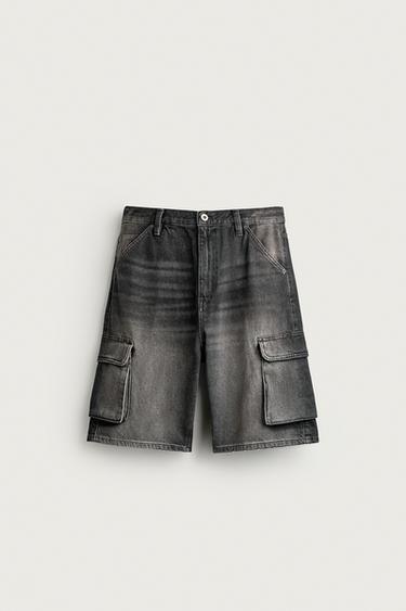 VINTAGE-EFFECT BAGGY CARGO SHORTS — Black 1