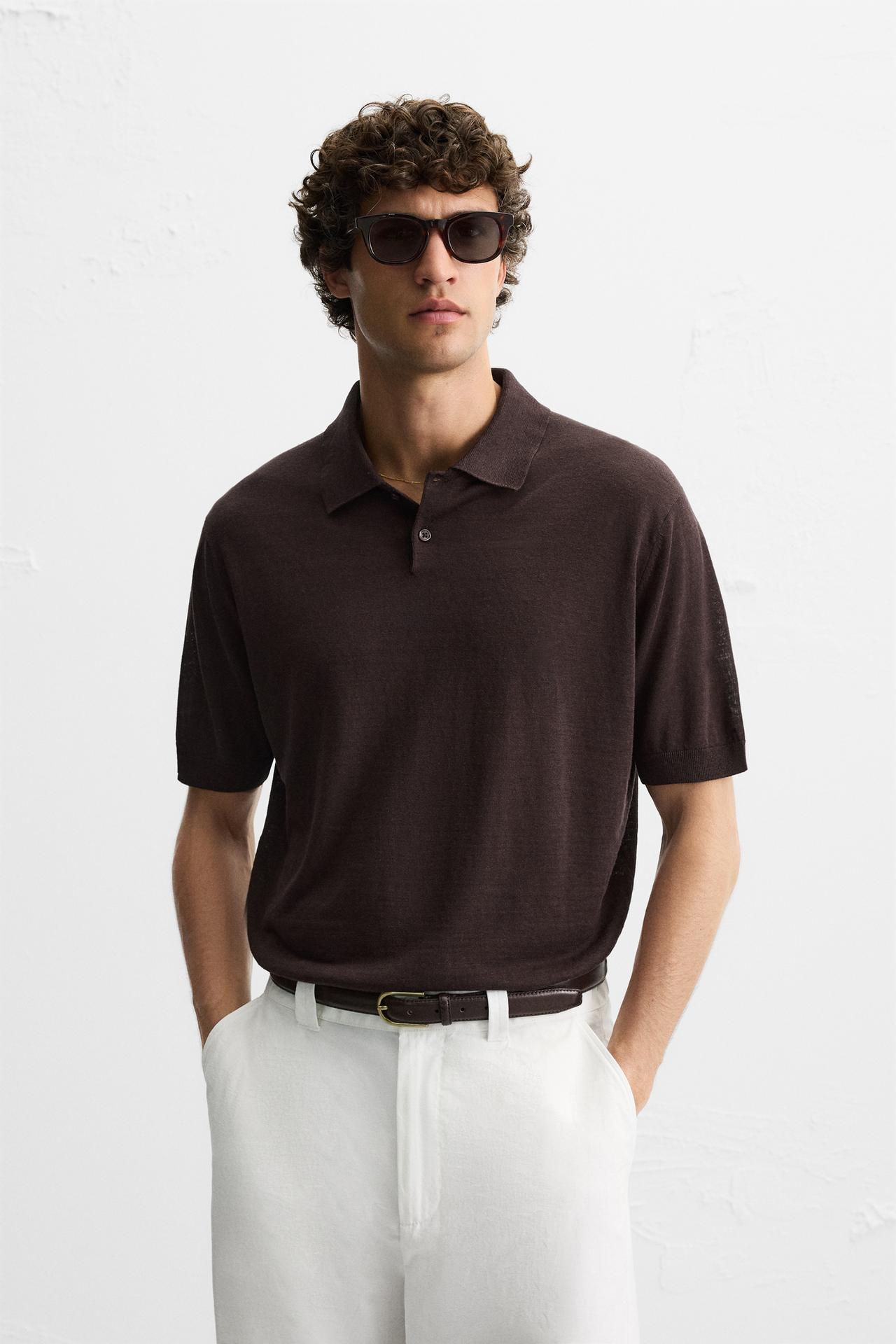 SILK AND LINEN KNIT POLO SHIRT - Dark brown by Zara