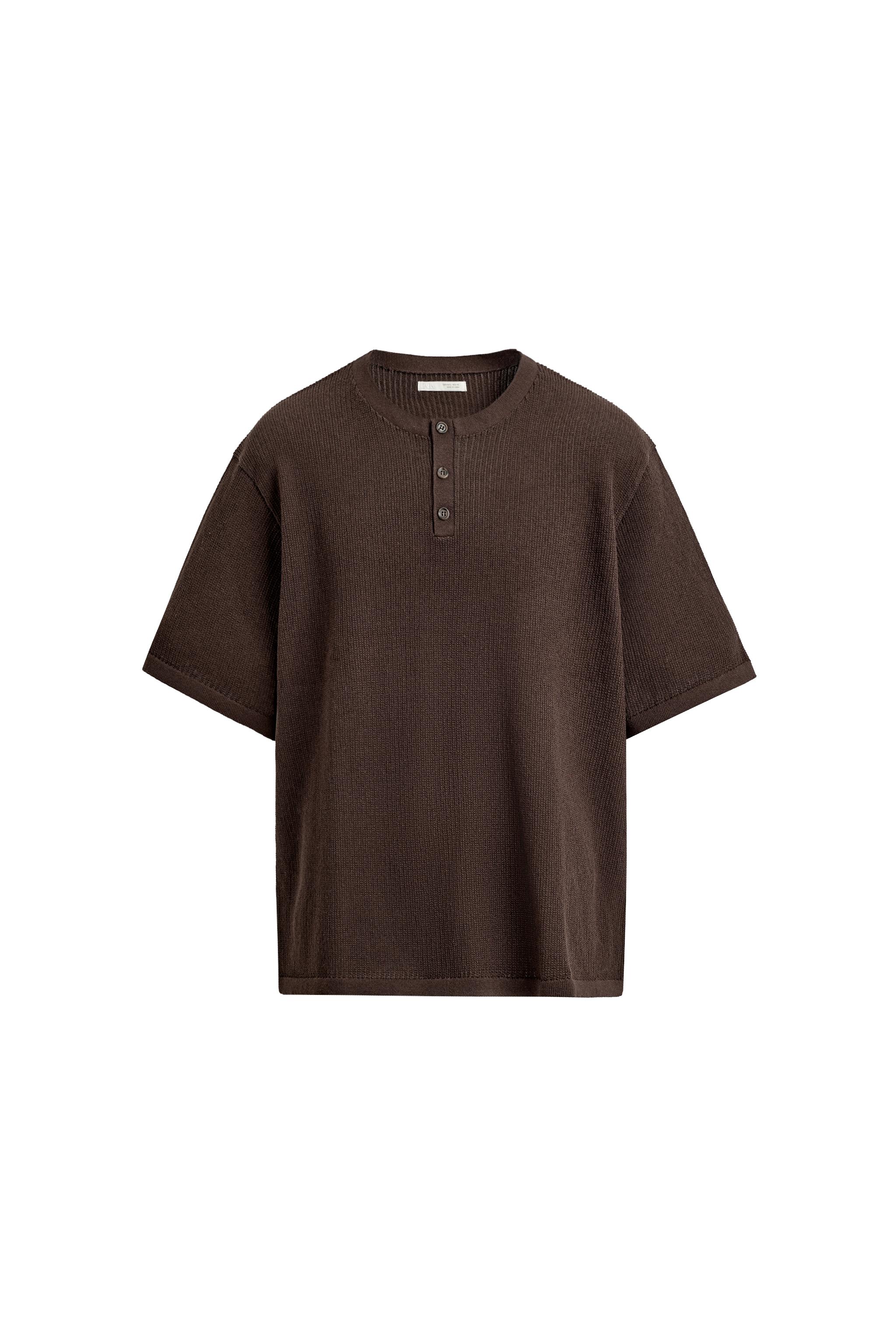 COTTON - LINEN HENLEY KNIT T-SHIRT - Brown | ZARA Singapore