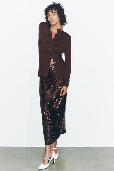 ЮБКА МИДИ С ПАЙЕТКАМИ — ТЕМНО-ГРАНАТОВЫЙ от Zara — изображение 0