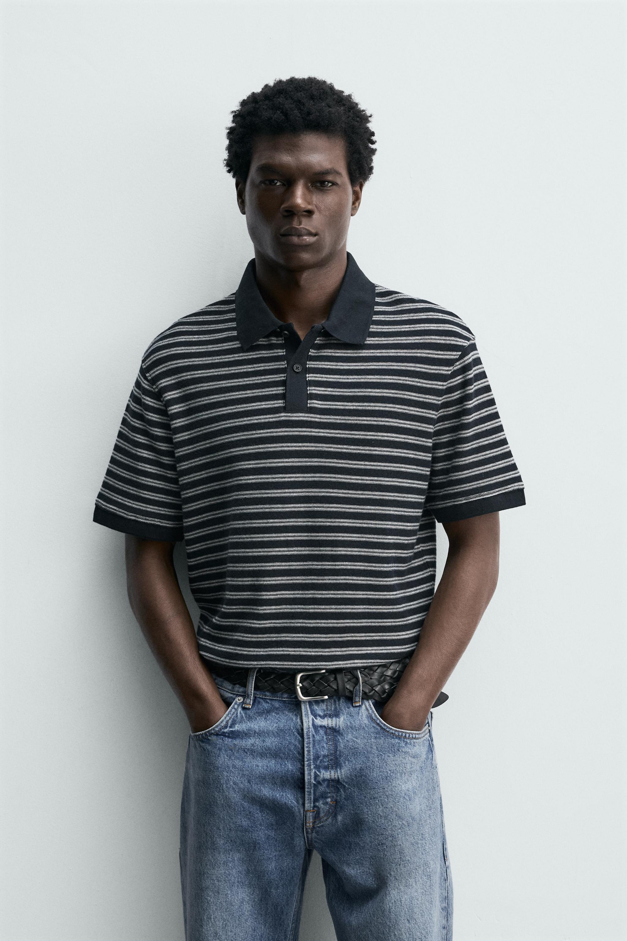 REGULAR FIT STRIPED JACQUARD POLO SHIRT - Navy / White | ZARA Turkey