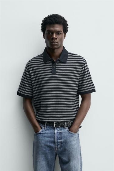 REGULAR FIT STRIPED JACQUARD POLO SHIRT - Navy / White by Zara