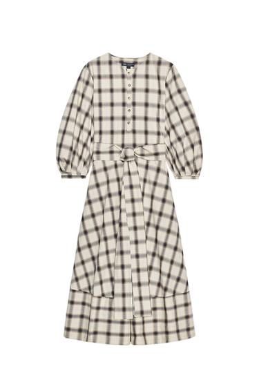 Front view of a raw and blue checked midi shirt dress, featuring a round neck, long sleeves, belt, and front buttons.