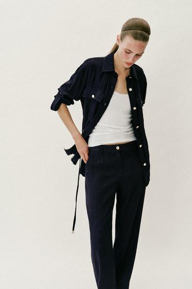 PANTALON DROIT EFFET FROISSÉ - Bleu marine de Zara - Image 3