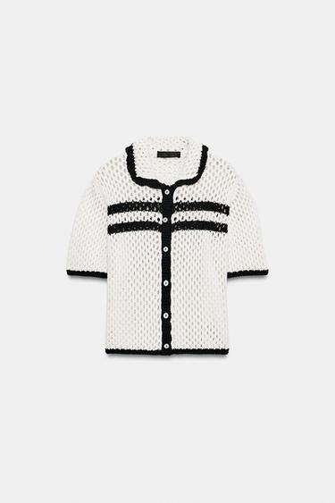 CUTWORK POLO CARDIGAN - Black / White by Zara - Image 3