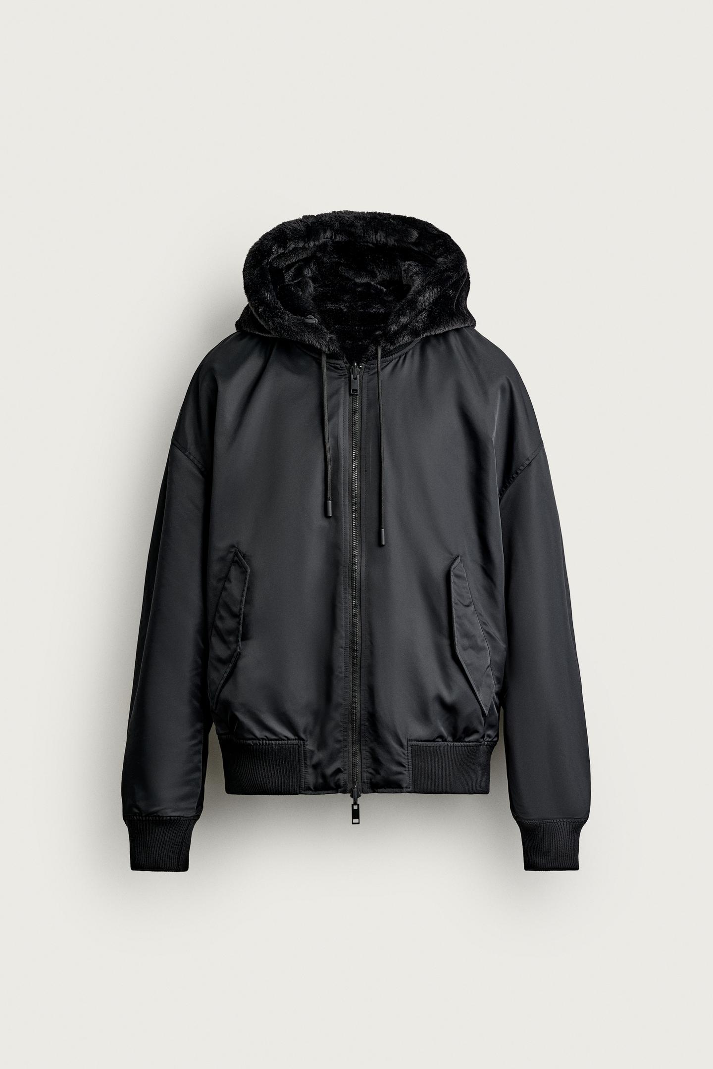 Мужская куртка Zara Reversible Faux Fur Effect Bomber, цвет: Чёрный — фото 10