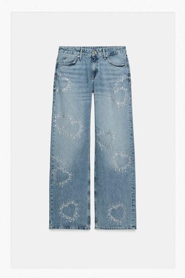 TRF LOW-RISE WIDE-LEG JEANS WITH RHINESTONES - Blue by Zara