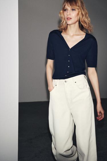 Zara 100% EXTRAFINE WOOL SHORT SLEEVE JACKET - Navy blue