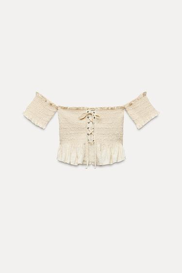 RUFFLED OFF-THE-SHOULDER CROP TOP - Beige by Zara