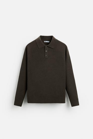 Zara TEXTURED STRUCTURED KNIT POLO - Chocolate