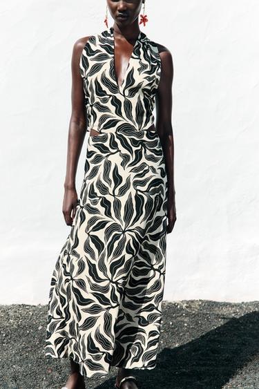 HALTER-MIDIKLEID MIT LEINEN - Schwarz / Cremefarben von Zara