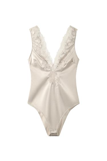 Zara SATIN EFFECT LACE BODYSUIT - Oyster-white