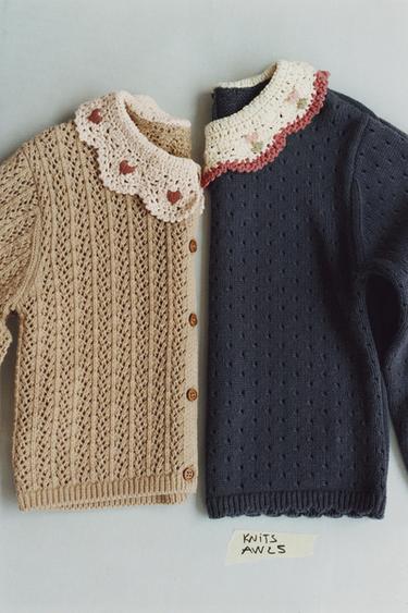 KNIT SWEATER WITH CROCHET COLLAR - Mid-blue by Zara
