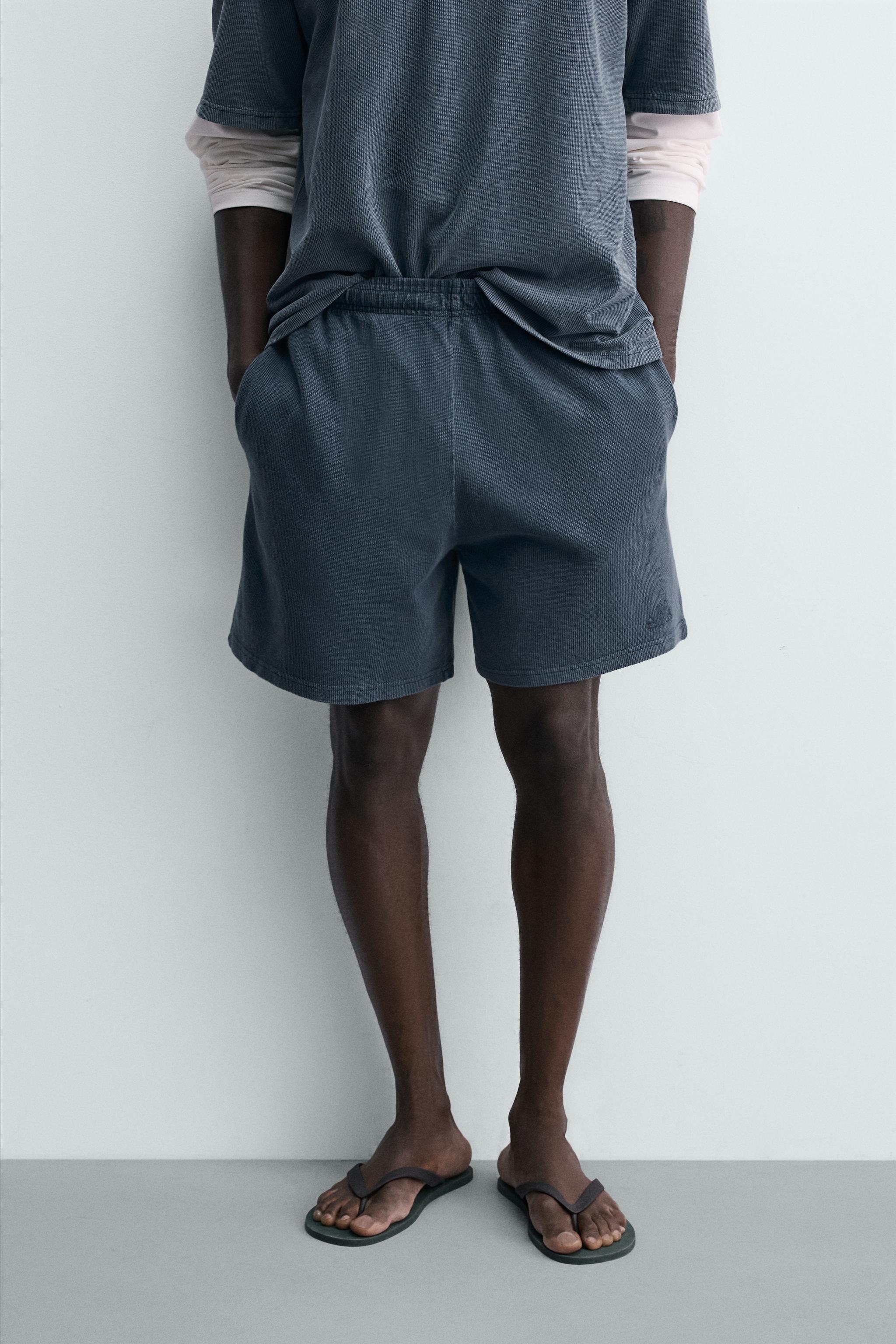 WASHED WAFFLE TEXTURE SHORTS — Blue