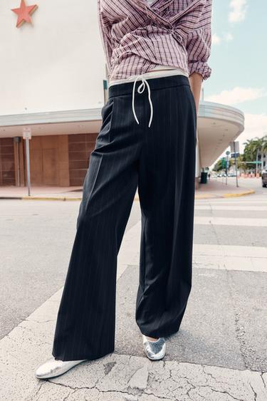 Zara WIDE LEG PANTS WITH DOUBLE WAISTBAND - striped