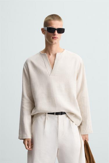 LINEN BLEND TEXTURED POLO SHIRT - Ecru by Zara