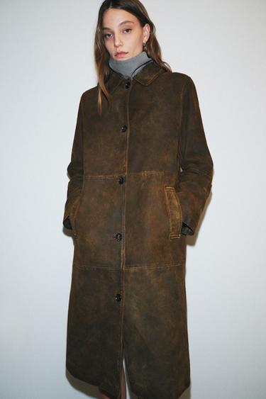 Zara ZW COLLECTION 100% LEATHER LONG COAT - Brown