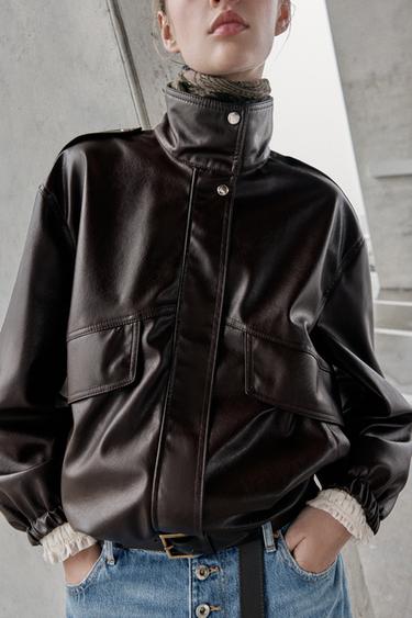 CHAQUETA BOMBER EFECTO PIEL - Marrón oscuro de Zara