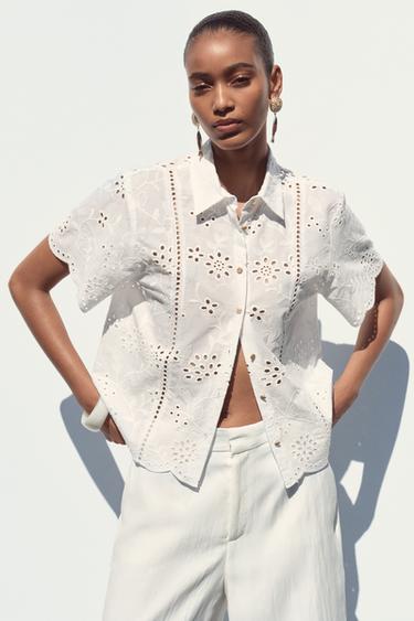 Zara SHORT SLEEVE EMBROIDERED EYELET SHIRT - White