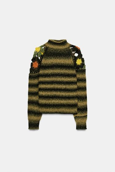 Zara STRIPED FLORAL CROCHET JUMPER - Multicolored