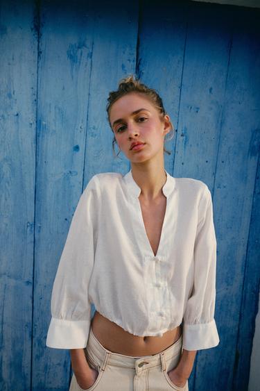 LINEN BLEND BALLOON SHIRT WITH FROG FASTENING - White by Zara
