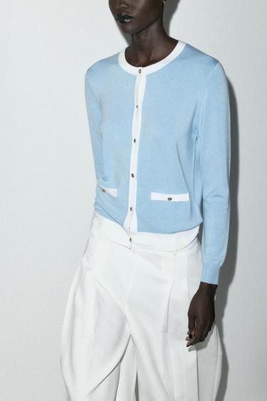 CONTRAST TRIM KNIT CARDIGAN - Blue/White by Zara