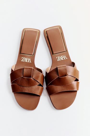 Zara LOW HEELED CROSSED LEATHER SANDALS - Brown