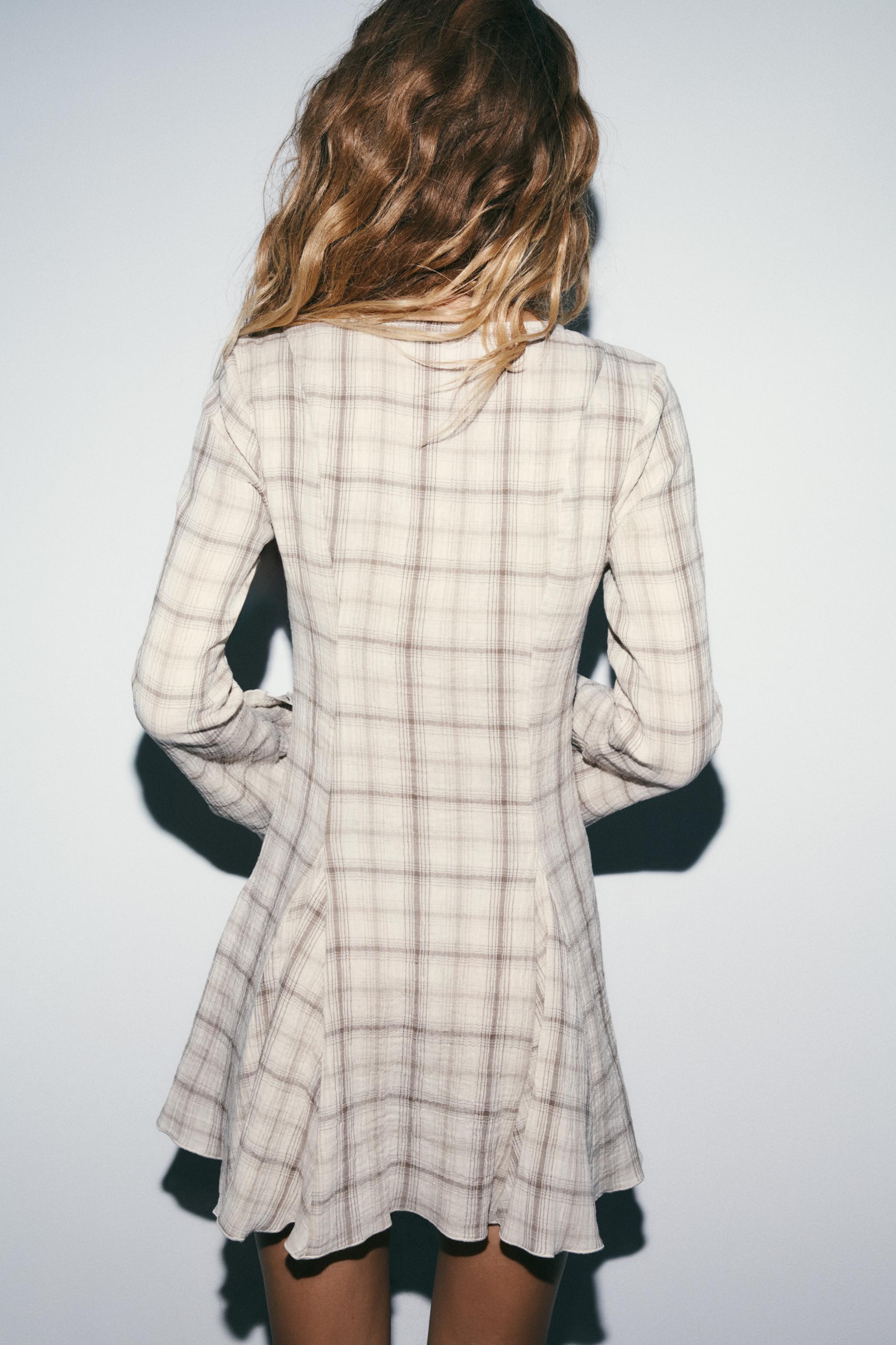 Zara - Short Plaid Dress - Ecru / Beige - L - Woman