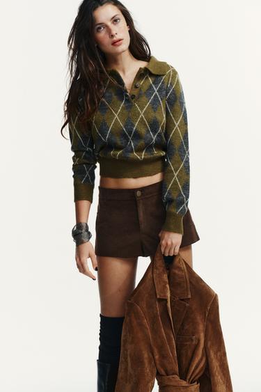 PULL POLO EN MAILLE À LOSANGES - Vert gris de Zara