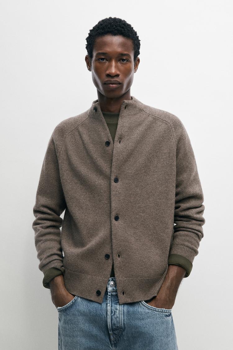 Wool blend mock neck knit cardigan — Mid-mink