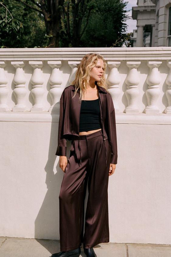 SATIN PLEATED TROUSERS - Burgundy by Zara - Image 0