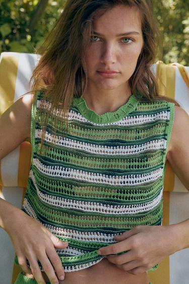 Zara TEXTURED STRIPED KNIT TOP - Multicolored