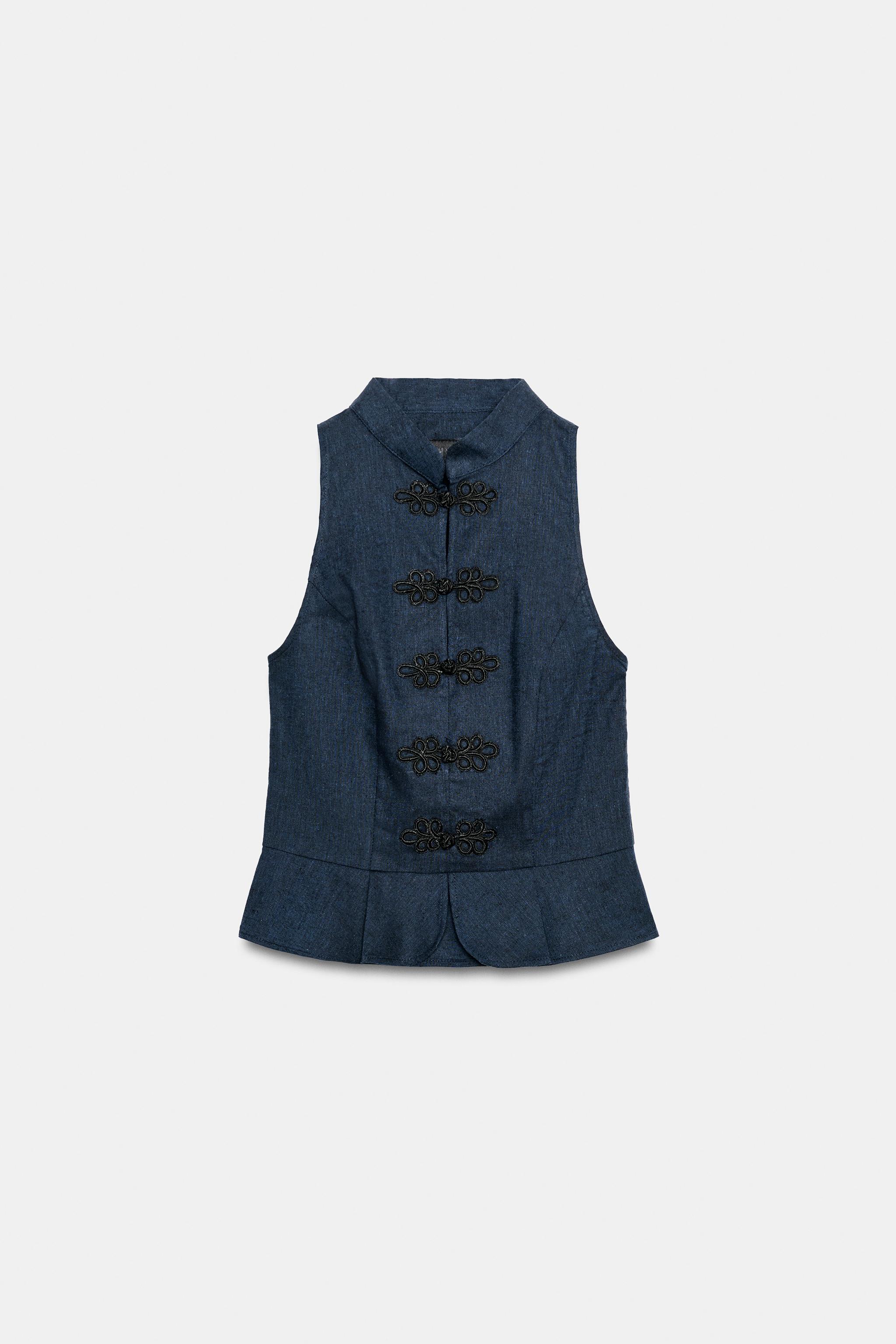 Женские рубашки Zara LINEN PEPLUM FROG CLASP TOP — фото 8