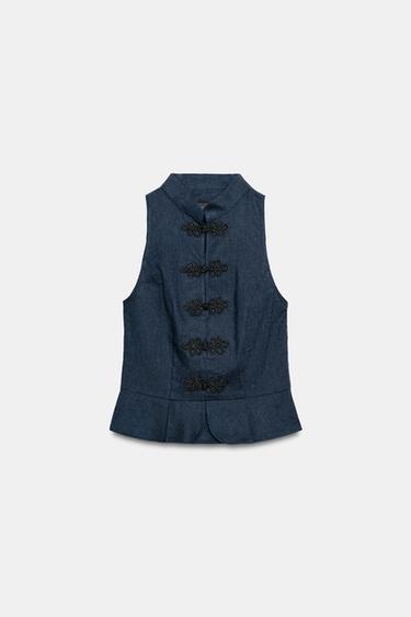 LINEN BLEND PEPLUM TOP WITH FROG FASTENING - Indigo by Zara - Image 7