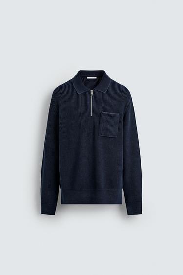 Zara WASHED TEXTURED KNIT POLO SHIRT - Faded blue
