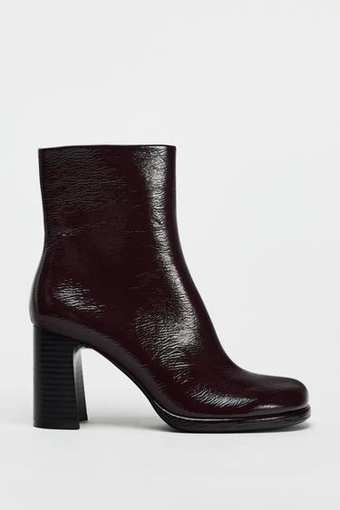 PATENT EFFECT BLOCK HEEL ANKLE BOOTS - Burgundy Red by Zara