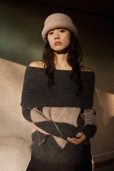 DIAMOND PATTERN STRAPLESS KNIT JUMPER - Grey / Beige by Zara