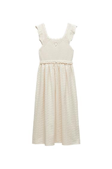 KNIT MIDI DRESS WITH CONTRAST CUTWORK EMBROIDERY