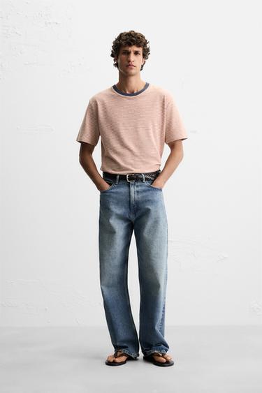 STRIPED T-SHIRT WITH CONTRAST RIB - Ecru / Red by Zara - Image 0