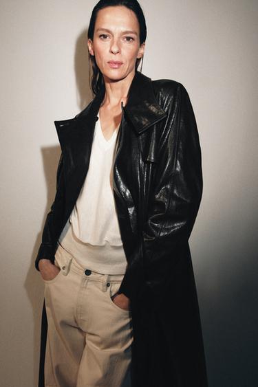 Zara 100% LEATHER SHOULDER PAD TRENCH COAT ZW COLLECTION LIMITED EDITION - Black