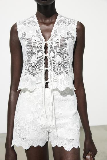 Zara EMBROIDERED TIE VEST - White