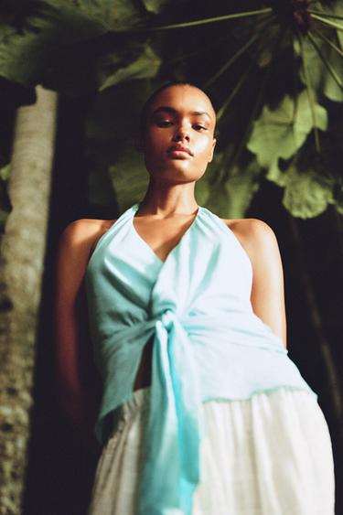 Zara LINEN KNOTTED HALTER TOP - Turquoise