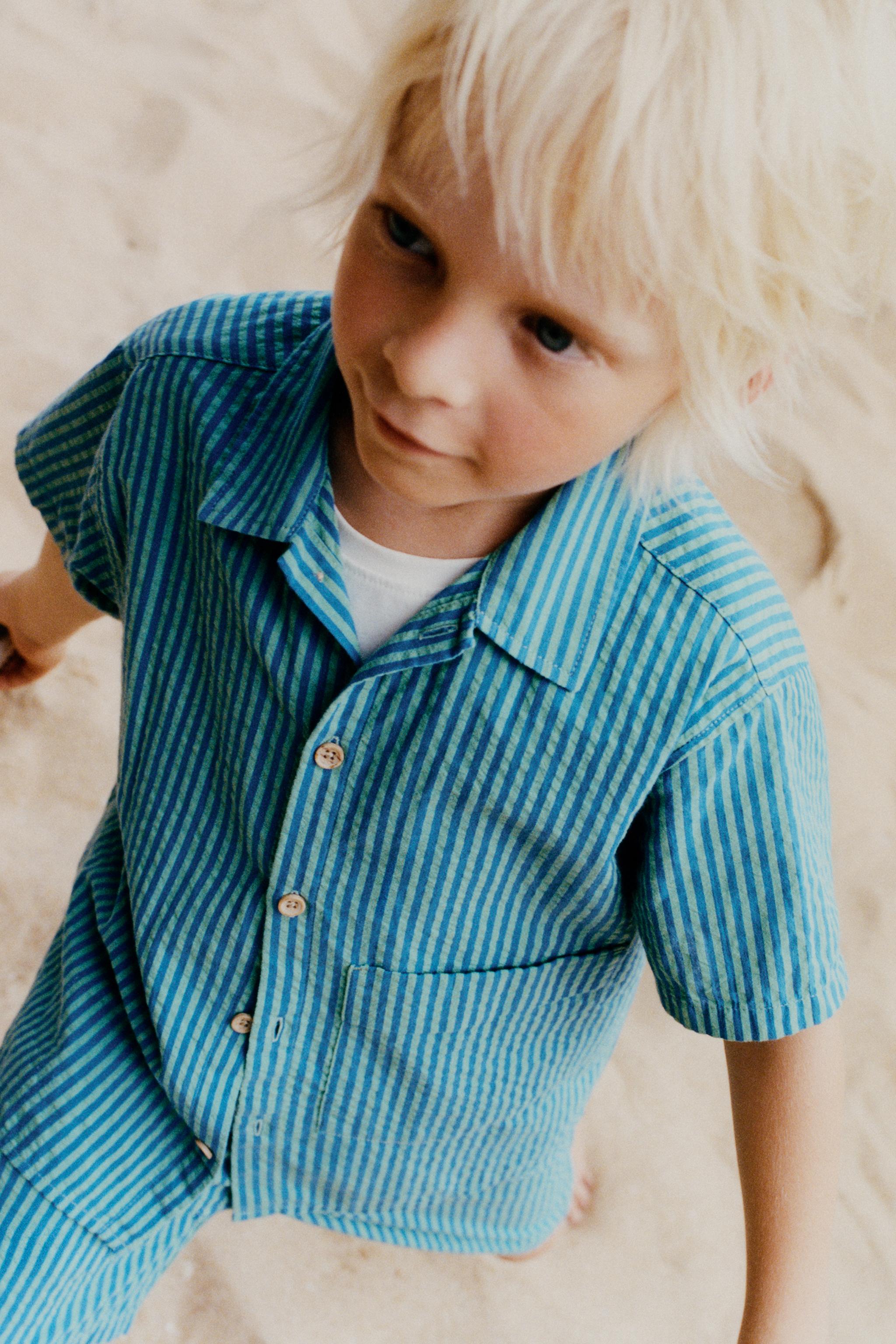 SEERSUCKER STRIPED SHORTS — Blue green