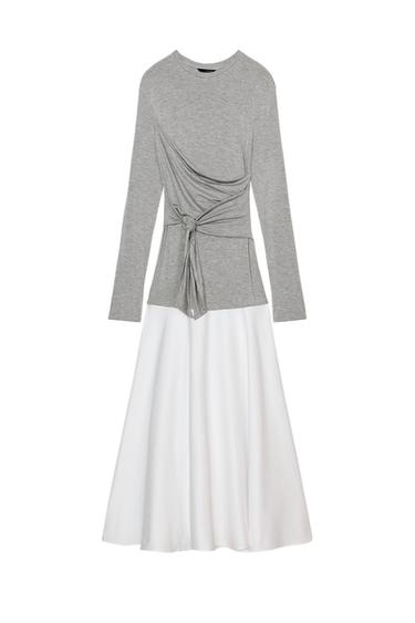 Zara COMBINATION TIE-DETAIL MIDI DRESS - White / Gray