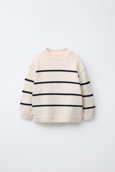 Zara STRIPED KNIT SWEATER - Ecru / Navy